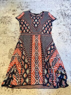BCBGMaxAzria Orange, Black & Cream Tribal Fit-and-Flare Midi Dress